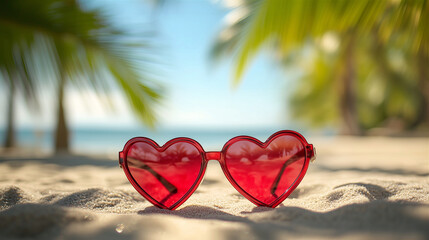 heart-shaped red sunglasses on the sand of the beach, palm trees in the distance, sunny day