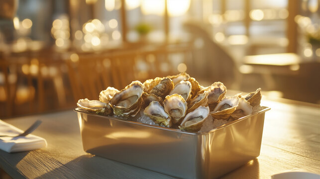 metal box with opem fresh oysters on ice