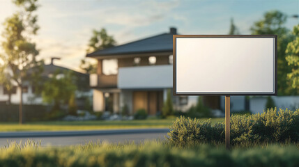 Obraz premium blank sign with a modern house on the background, house for sale concept, housing