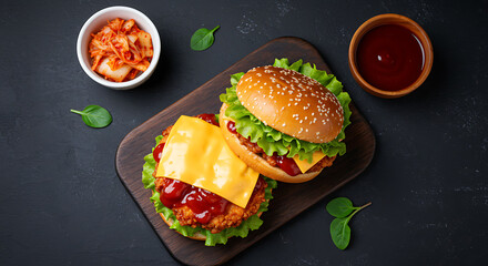 Chicken burger with spicy red sauce, melted cheese, and lettuce, served with kimchi and dipping sauce