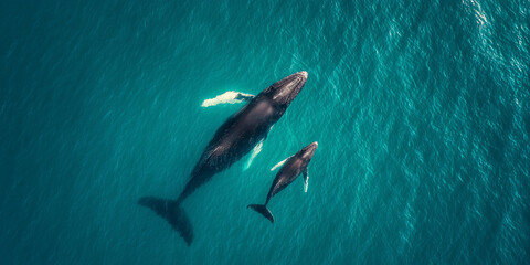 Aerial view of whale and calf in open ocean — a touching moment of marine motherhood and conservation for World Whale and Dolphin Day.
