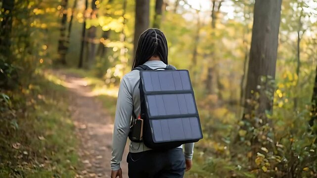 Hiker walking forest trail with foldable solar panels mounted on backpack harness charging power bank
