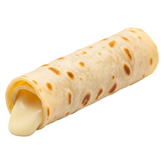 Delicious crepe roll filled with creamy cheese for breakfast or dessert recipe idea and presentation on transparent background
