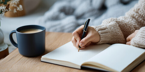Calm environment with a woman writing in a notebook beside a coffee mug. Reflection and emotional self-expression.