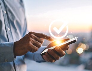 Businessman using phone with checkmark