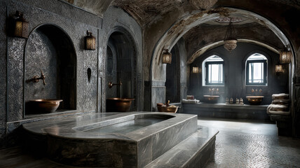 Ornate Turkish hammam with marble interior and central heated stone platform