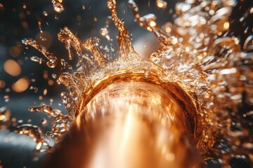 Closeup view of a bursting copper pipe with water splashing in a dynamic scene, Bursting Copper Pipe Close Up Shot