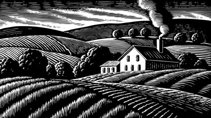 Fototapeta premium Rural landscape with a farm in engraving black and white hand drawn sketch outline