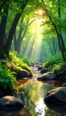 Serene nature scene depicting healing spirituality; sunlight filters through leaves onto a tranquil stream, suggesting inner peace and spiritual restoration , serenity, spiritual growth