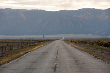 Fototapeta premium A long, empty asphalt road stretches straight toward distant mountains, cutting through vast, open plains under a soft, cloudy sky