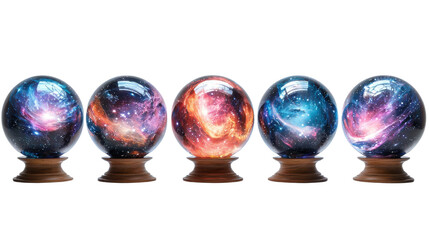 cosmic crystal balls on wood stands, isolated on transparent background