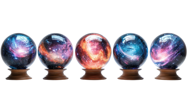cosmic crystal balls on wood stands, isolated on transparent background