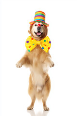 Clown Dog: A golden retriever dog in a vibrant clown costume, joyfully posing for the camera, creating a playful scene that brings laughter and fun.