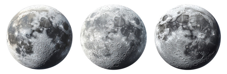 three full moons, realistic lunar surface detail on transparent background.