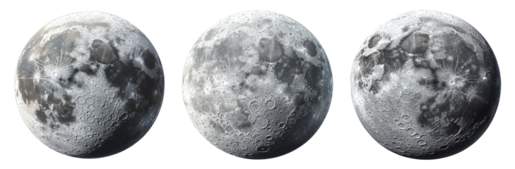three full moons, realistic lunar surface detail on transparent background.