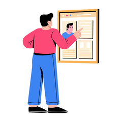 Flat style illustration showing internee profile on office screen