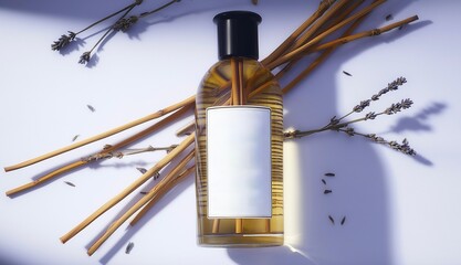 elegant glass reed diffuser filled with pale purple lavender-scented oil, black cap and natural wooden sticks arranged gracefully, dried lavender sprigs beside the bottle, soft natural shadow,