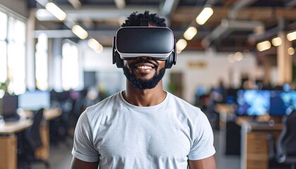 Man wearing VR headset in office