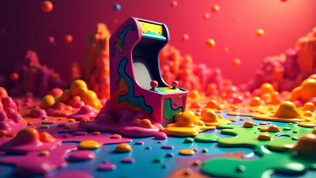 Retro arcade machine melting into rainbow goo, bold red and lime palette, background copy space
