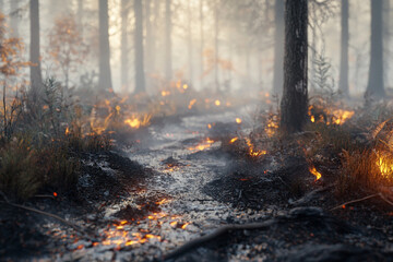 Obraz premium A fire-ravaged forest floor, still smoldering with embers 