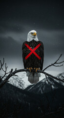 Bald Eagle with Red X on Branch in Snowy Mountains