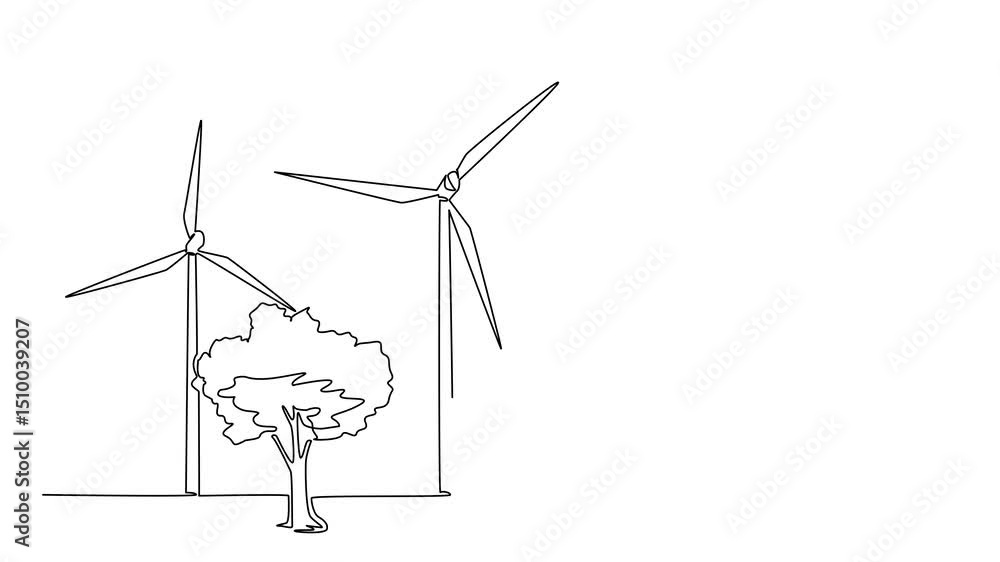 Poster animated self drawing of continuous one line drawing some windmills in the meadow with some big tree