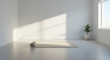 Fototapeta premium Minimalist yoga studio bathed in sunlight, featuring a rolled mat and a potted plant. Perfect space for relaxation and wellness practices