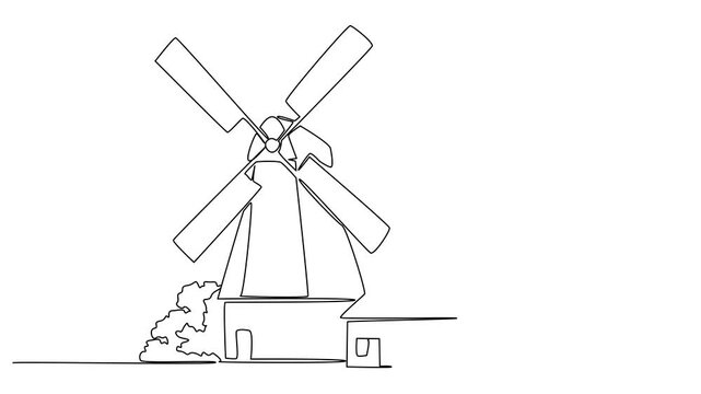 Animated self drawing of single continuous line drawing windmill with house. Giant waterwheel to smooth irrigation channels. Eco friendly house. Nature. National Windmill Day. Full length animation