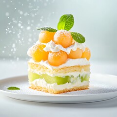 Delicious melon cake topped with whipped cream and fresh mint leaves.