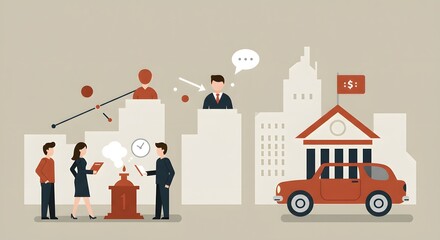 Financial transaction illustration featuring a car and a bank, along with people, graphs, and a stopwatch in a conceptual business setting