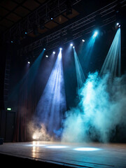 spotlight on stage with spotlight, Dramatic Stage Lighting with Smoke Effects for Theatrical Productions and Creative Photography, Featuring a Dark Background with Illuminated Beams, Performances