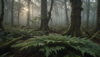 Foggy Forest With Lush Green Ferns and Moss-Covered Trees at Sunrise