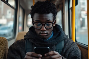 Young black man using smartphone while traveling on a bus in the city during the afternoon, Young black man using smartphone during a bus trip Cinematic