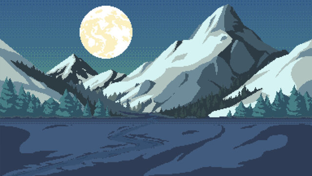 Pixel art mountain landscape at night.