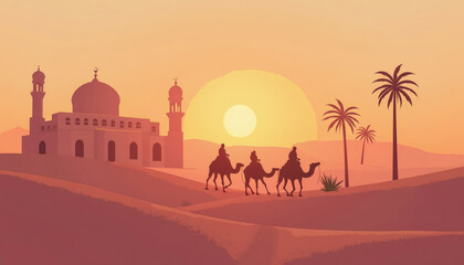 Caravan of Riders on Camels in Warm Desert Sunset Silhouette Illustration