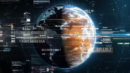 Futuristic digital holographic interface displaying various data on a rotating planet, isolated on black background - Powered by Adobe