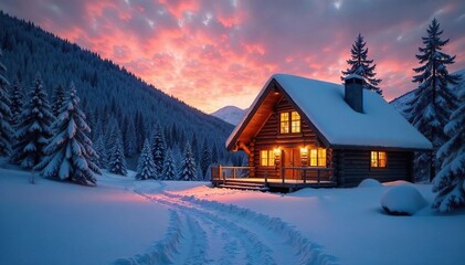 A cozy cabin nestled in a snowy landscape, emitting warm light against the twilight Perfect for winter wonderland, holiday, and hygge themes , landscape, fireplace, stillness