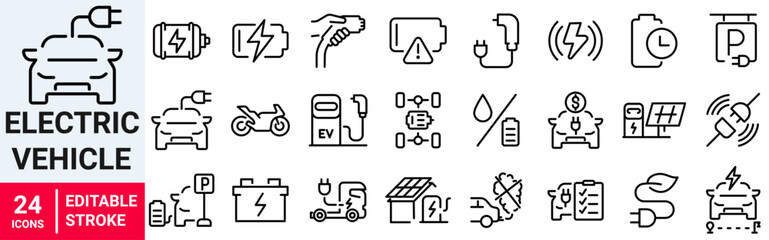 Electric vehicle or transport web icons in line style editable stroke. Electric car, battery, charging station, solar panel, range, plug, collection. Vector illustration.