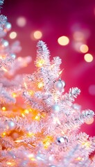 Fototapeta premium White Christmas Tree Decorated With Silver Ornaments And Fairy Lights Against A Pink Background.