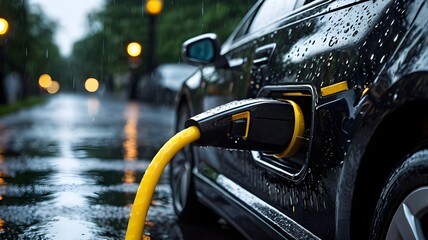 close-up of an electric car charging port in the rain, water droplets on the glossy car surface, charger plugged in with yellow cable, dramatic lighting with reflections,Generative Ai

