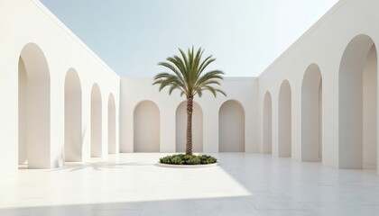 Green Palm Tree in White Arched Courtyard with Light Blue Sky