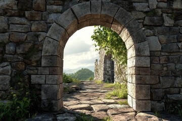 Obraz premium Exploring a stone archway gateway at a castle overlooking the sea under a cloudy sky, Stone Archway Gateway in castle Photo background Seamless time lapse quality