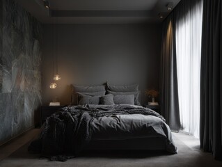 Dark bedroom interior design with soft lighting.