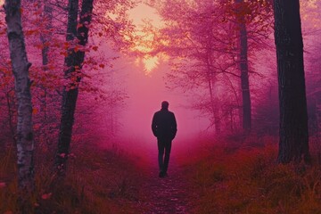 Fototapeta premium CCTV captures man walking through vibrant forest at sunset in hazy atmosphere, CCTV Man Walks Through Forest At Sunset