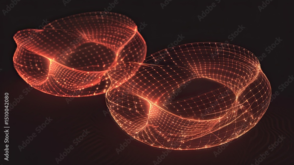Poster abstract glowing toroidal shapes representing advanced technology on dark background