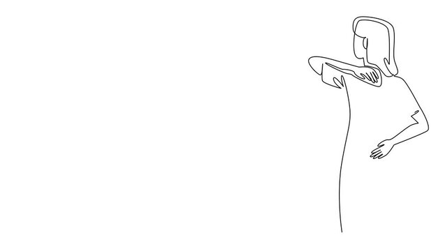 Animated self drawing of ontinuous one line drawing a woman holding her neck and back. Feeling uncomfortable in body parts. Long time no exercise. Fibromyalgia Awareness Day. Full length animation
