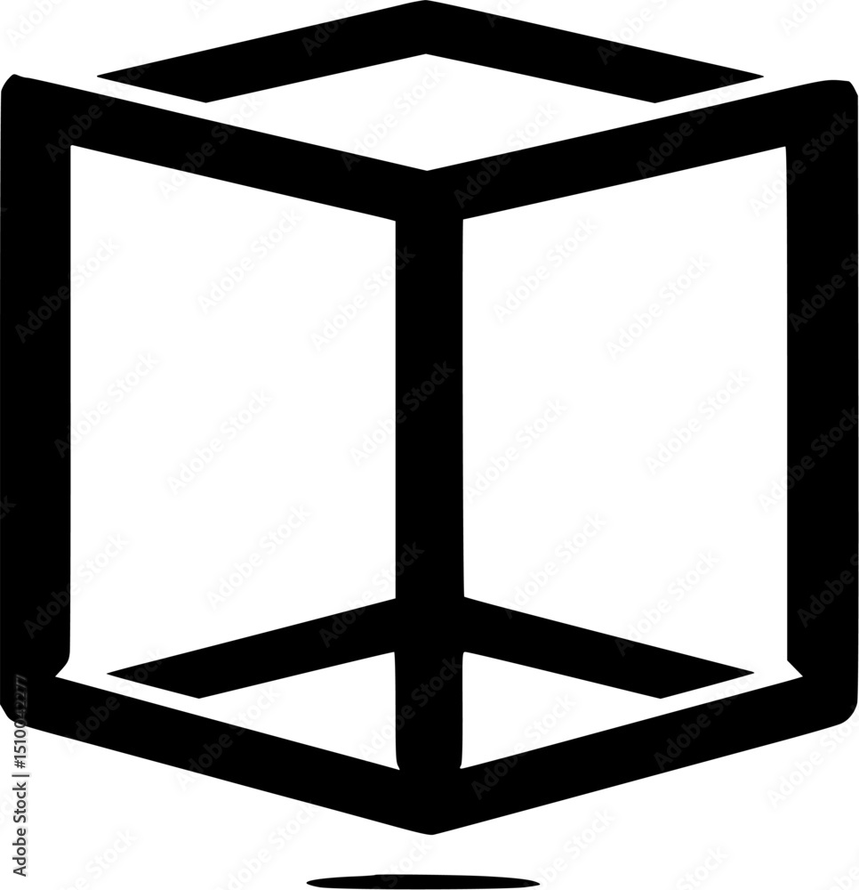 Poster black outline forms a 3d cube or box shape with white fill a small horizontal bar sits below