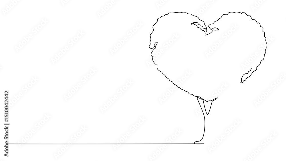Poster animated self drawing of single one line drawing large tree with heart shaped trunk and leaves. form