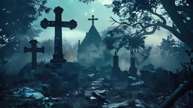 Fantastically mysterious cemetery with tombstones and terribly scary atmosphere, abstract vivid composition consists of fictional unreal fantastic vision on background