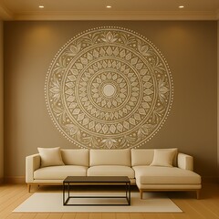 Lippan art mandala behind a floating wooden sideboard and white modern accent chairs in a high-ceilinged living space”